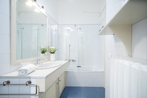 Shower, hair dryer, bidet, towels