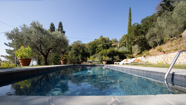 A swimming pool with clear water, surrounded by potted plants and trees. - Villa Iris with Swimming Pool (Capannori)