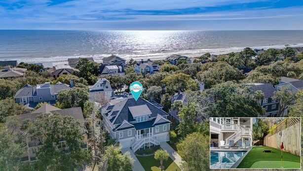 A residential area with houses, a pool, and a view of the ocean. - 40 N. Forest Beach-New Owners & Vrbo listing - 176 Yard walk to the beach. (Hilton Head Island)