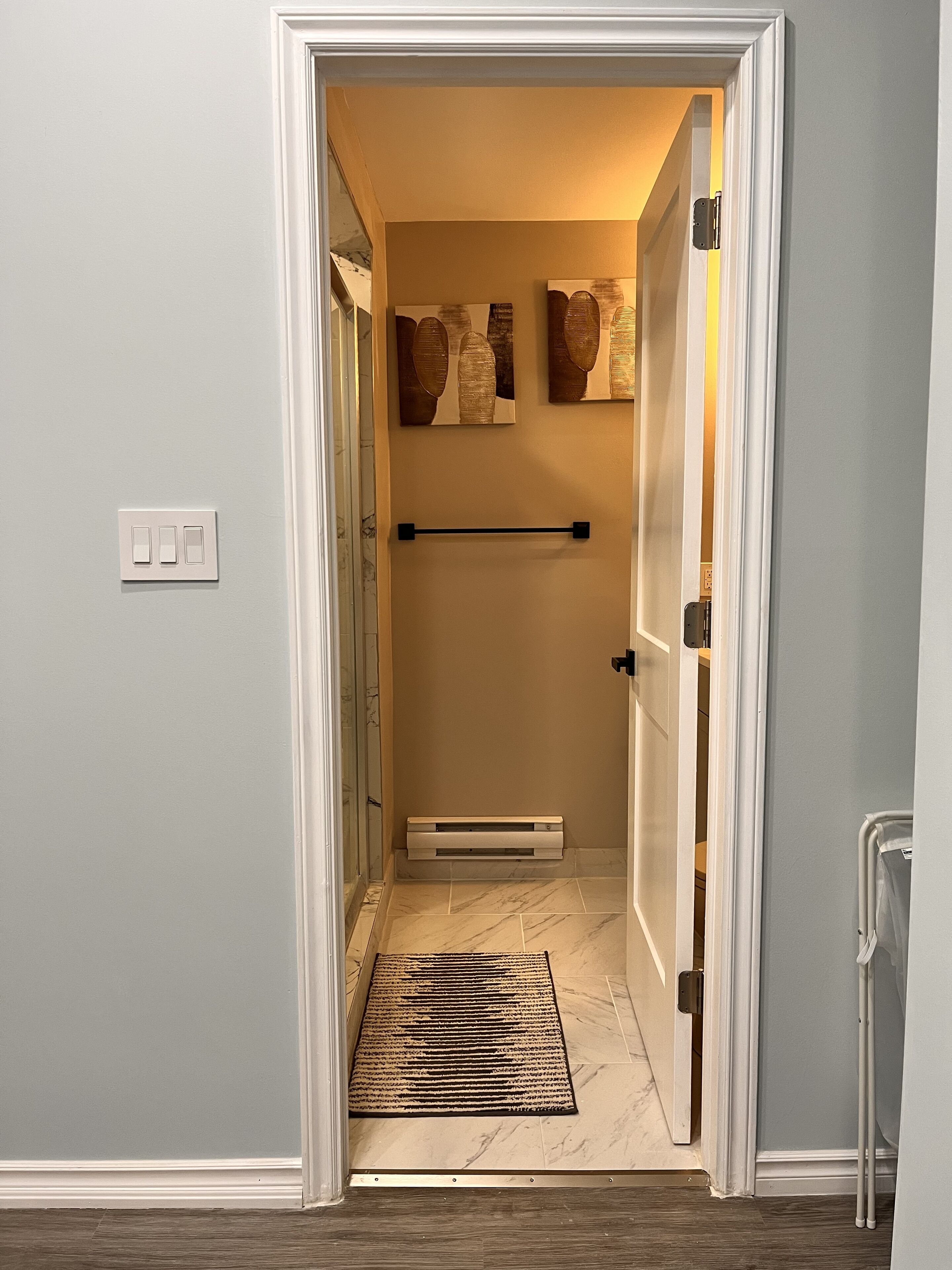 A hallway with a door leading to a bathroom, a towel rack, and a light switch.