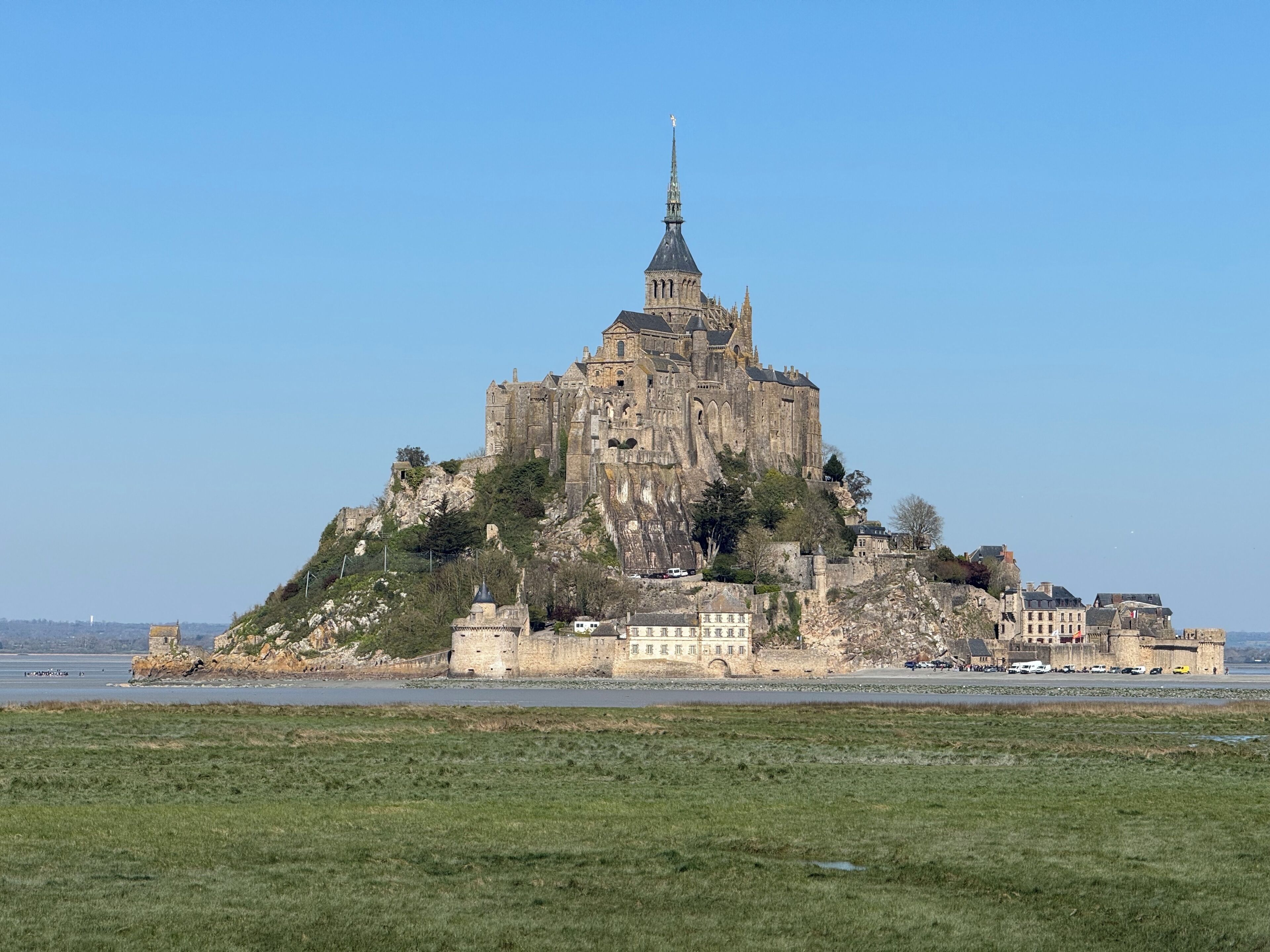 A historic castle on a hill with a prominent tower, surrounded by greenery and a body of water.