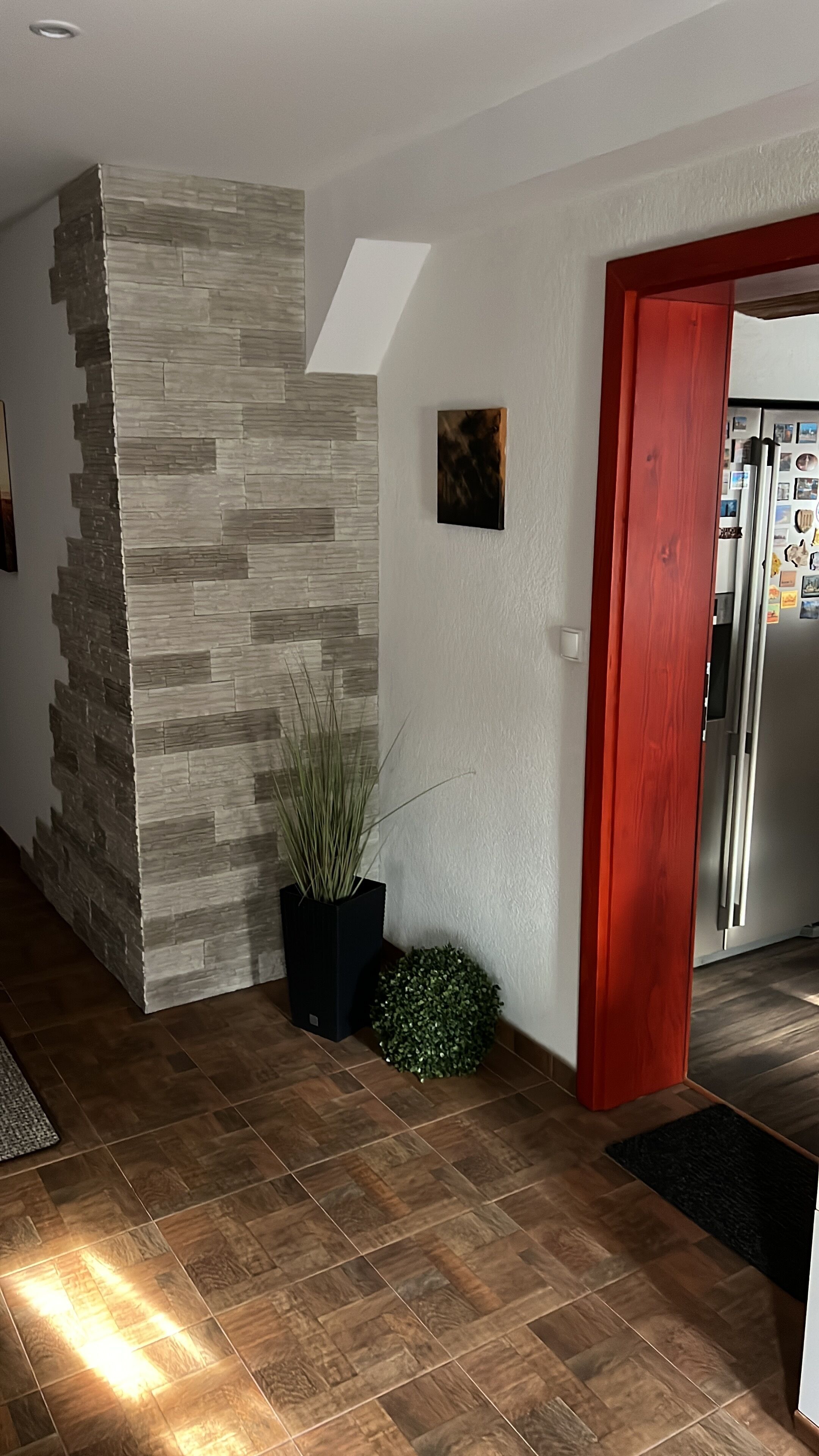 Una cocina moderna con una pared de acento de piedra, una planta en maceta y una puerta roja.