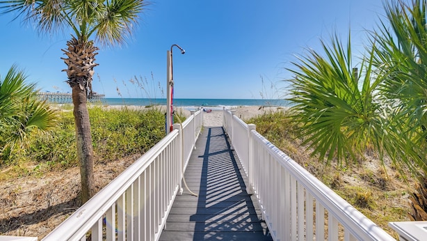 A wooden boardwalk leading to a beach with palm trees and a clear blue sky. - Beachfront Murrells Inlet Home - Walk to Pier! (Murrells Inlet)