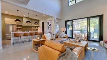 TV, fireplace, books