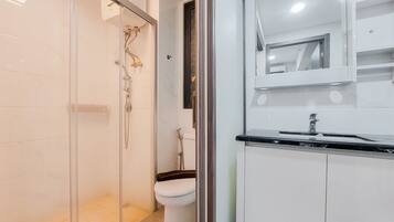 A modern bathroom with a glass shower enclosure, a white toilet, and a sink with a mirror above it.