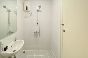 A bathroom with a white sink, a handheld showerhead, and a wall-mounted showerhead.