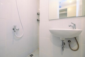 Bathroom features a sink, shower, and mirror.