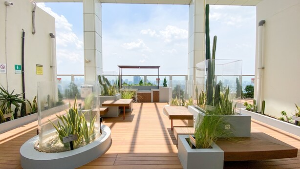 A rooftop terrace with a wooden deck, seating areas, and planters with various plants. - Modern Look And Comfy 2Br Menteng Park Apartment (Jakarta)