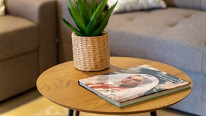 Una mesa de madera redonda con una revista y una planta en maceta.