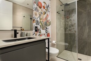 Ducha, secador de pelo, toallas y jabón