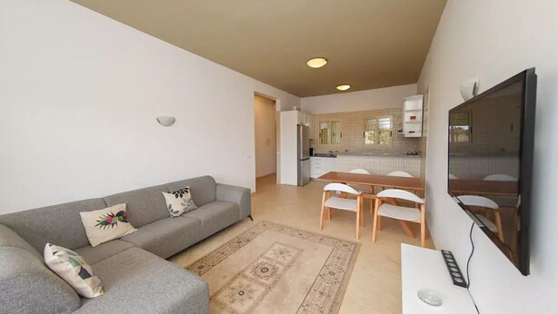 Un salon moderne avec un canapé gris, une table à manger avec des chaises, une cuisine en arrière-plan et un téléviseur à écran plat fixé au mur.