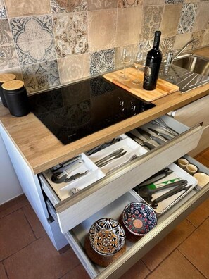 Fridge, microwave, coffee/tea maker, cookware/dishes/utensils