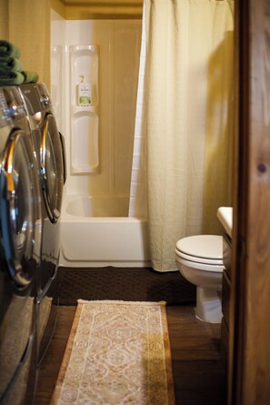 Hair dryer, towels, soap, toilet paper