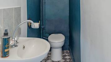 A bathroom with a white sink, a toilet, and a blue door.