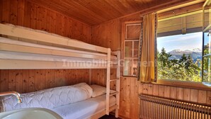 Et træhytteværelse med køjesenge, et vindue med udsigt til bjerge og en radiator.
