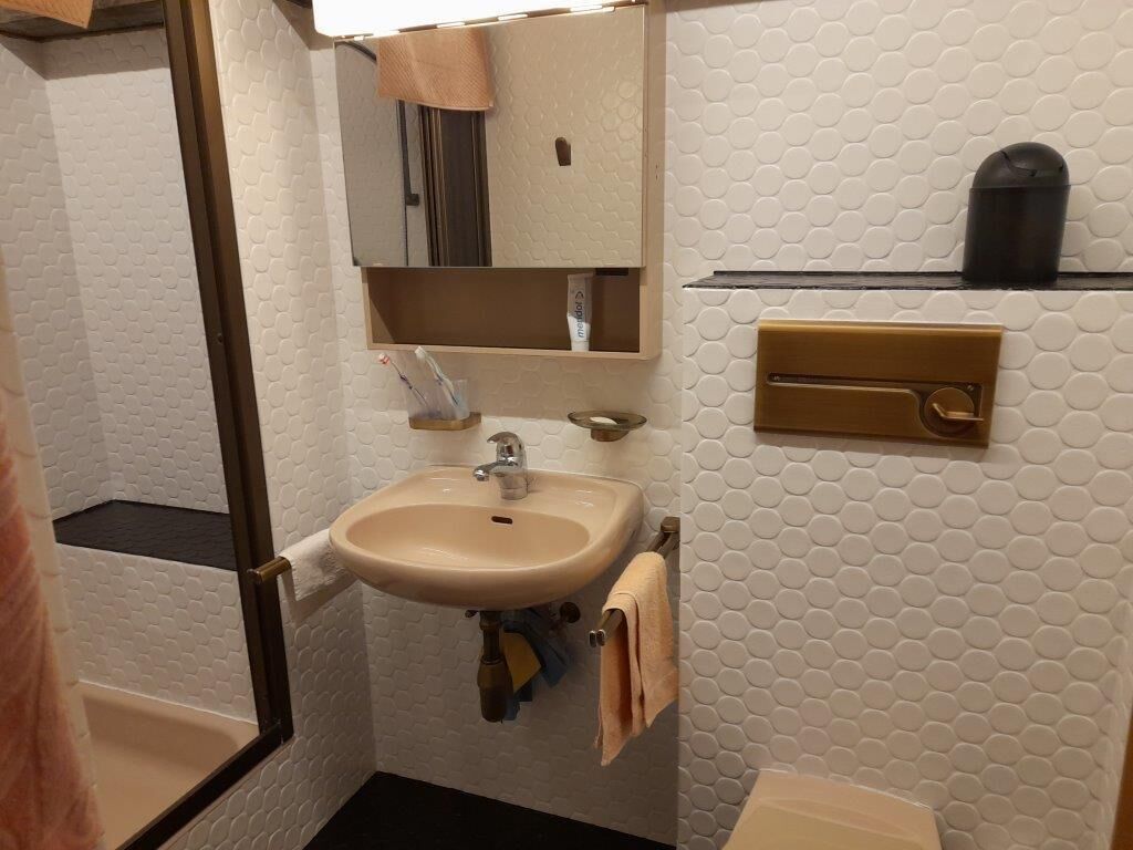 Ein Badezimmer mit Wand aus weißen, sechseckigen Fliesen, einem beigen Waschbecken, einem Spiegel und einem Handtuchhalter.