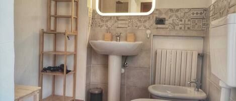 Hair dryer, towels, soap, toilet paper