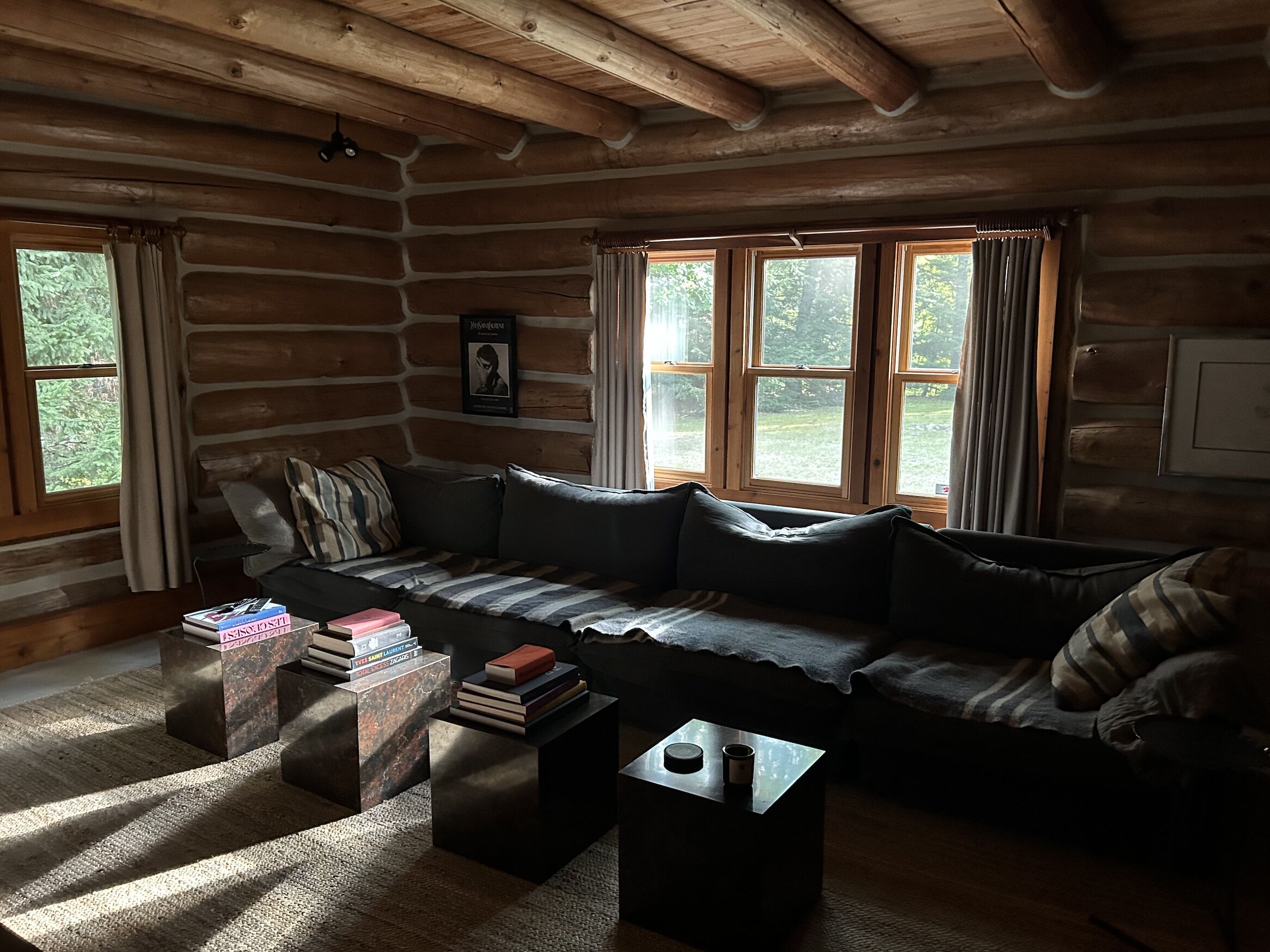 Interior de una cabaña de madera con un sofá de color oscuro, una mesita de centro y una estantería llena de libros.