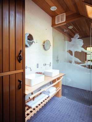 Douche, baignoire à jets, sèche-cheveux, bidet