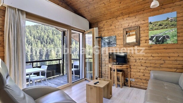 Uma cabana de toras moderna com varanda, TV e área de jantar.