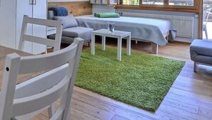 A compact kitchen with white cabinets, a wooden table, and a green rug. - Comfortable studio for 2 people, living room with 1 double bed, kitchen area with dishwasher, bath-W (Grimentz)