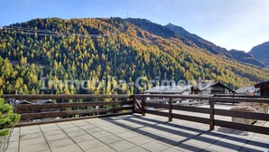 A terrace with a view of a forested mountain range. - Comfortable studio for 2 people, living room with 1 double bed, kitchen area with dishwasher, bath-W (Grimentz)