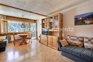 TV - Comfortable studio for 2 to 4 people, living room with 2 beds and 2 divan beds, kitchen area with di (Grimentz)
