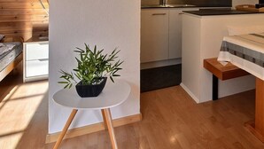 A compact room with a bed, a small table with a plant, a kitchenette, and a seating area with a chair and a table. - Comfortable studio for 2 people, living room with 2 beds, kitchen area with dishwasher, shower-WC, s (Grimentz)