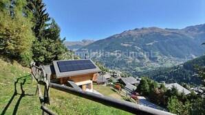 A mountain cabin with a solar panel roof, surrounded by forest and mountains.