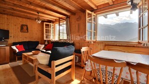 A wooden cabin interior with a sofa, dining table, and chairs.