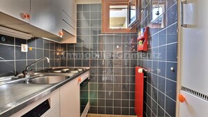 A kitchen with grey cabinets, a stainless steel sink, a stove, and a red refrigerator. - Middle class flat for 5 people, living room with fireplace, kitchen area with dishwasher, 1 bedroom (Grimentz)