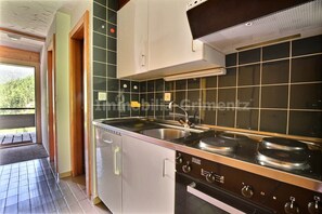 Fridge, oven, stovetop, cookware/dishes/utensils - Middle class flat for 4 people, living room with fireplace, 1 bed and 1 divan bed, kitchen area, 1 s (Grimentz)