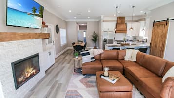 Smart TV, fireplace, books