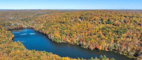 An aerial view of a river winding through a densely forested area with autumn foliage.