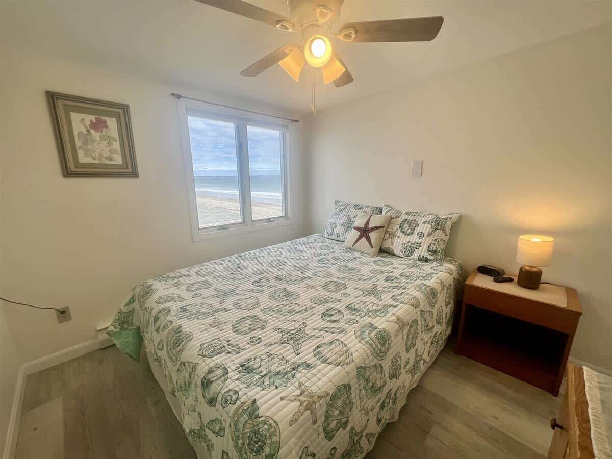 A bedroom with a bed, a nightstand, a ceiling fan, a window, and a wall-mounted picture.