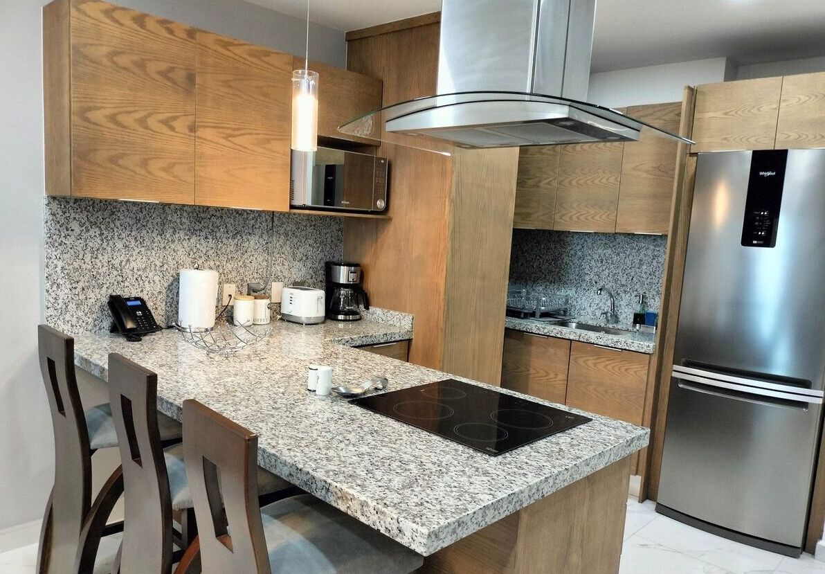 Apartment | Private kitchen | Full-sized fridge, microwave, stovetop, blender