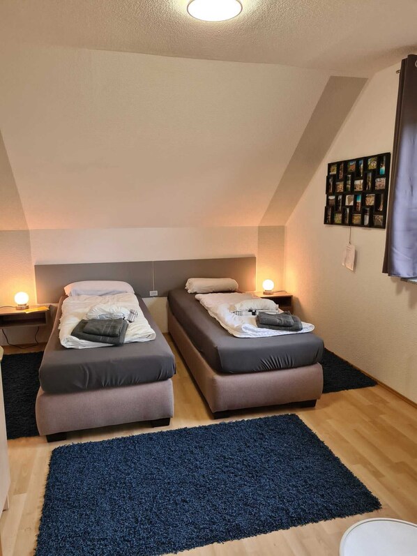 A small, cozy bedroom with two single beds, a dark blue rug, and a wall-mounted picture frame.