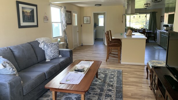 A living room with a sofa, coffee table, and patterned rug. There is a kitchen area with a dining table and chairs.