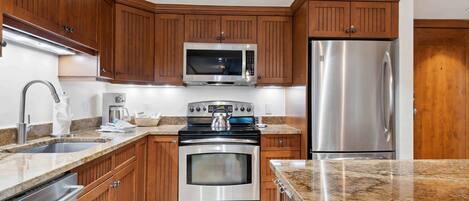 Microwave, stovetop, dishwasher, coffee/tea maker