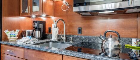 Microwave, stovetop, coffee/tea maker, toaster