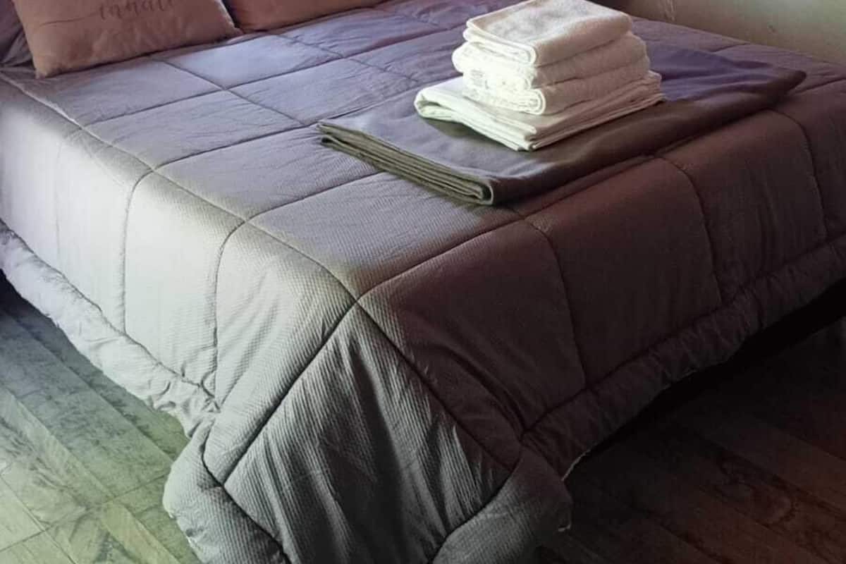 A bedroom with a bed, curtains, a chair, and artwork on the wall.