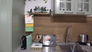 A kitchen with a coffee machine, a toaster, and a sink. There are cabinets above the counter and a plant on the wall.