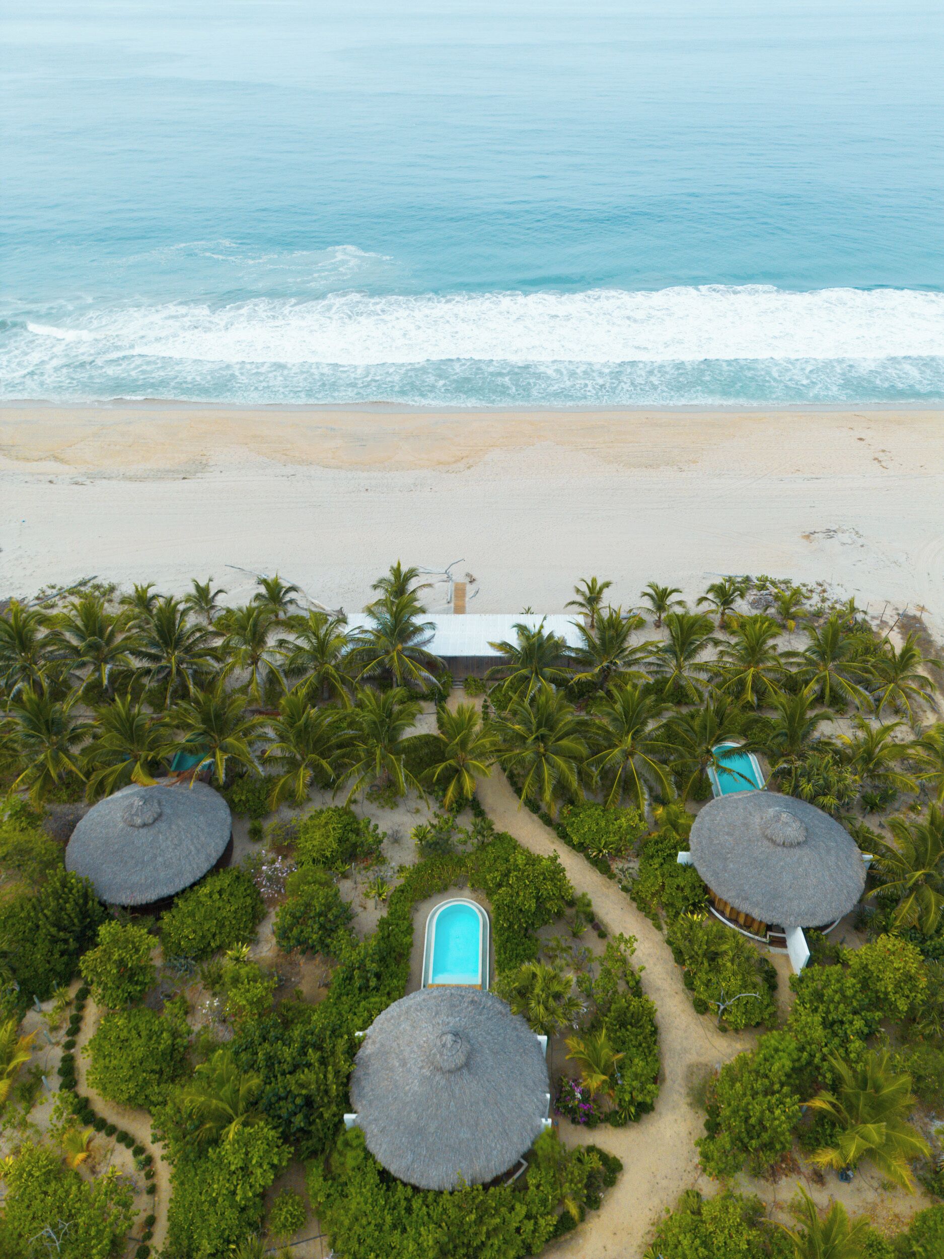 An aerial view of a beach resort with thatched-roof structures, a swimming pool, and palm trees.