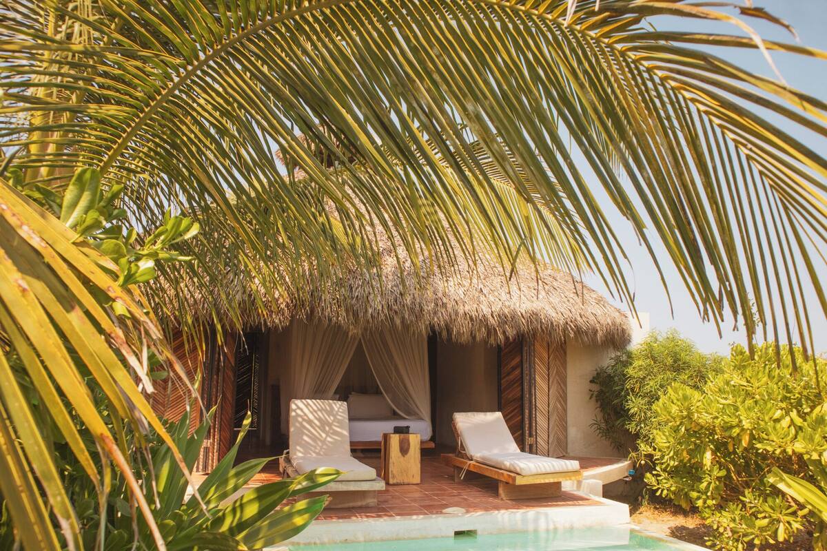 A poolside area with two lounge chairs, a thatched-roof structure, and lush greenery.