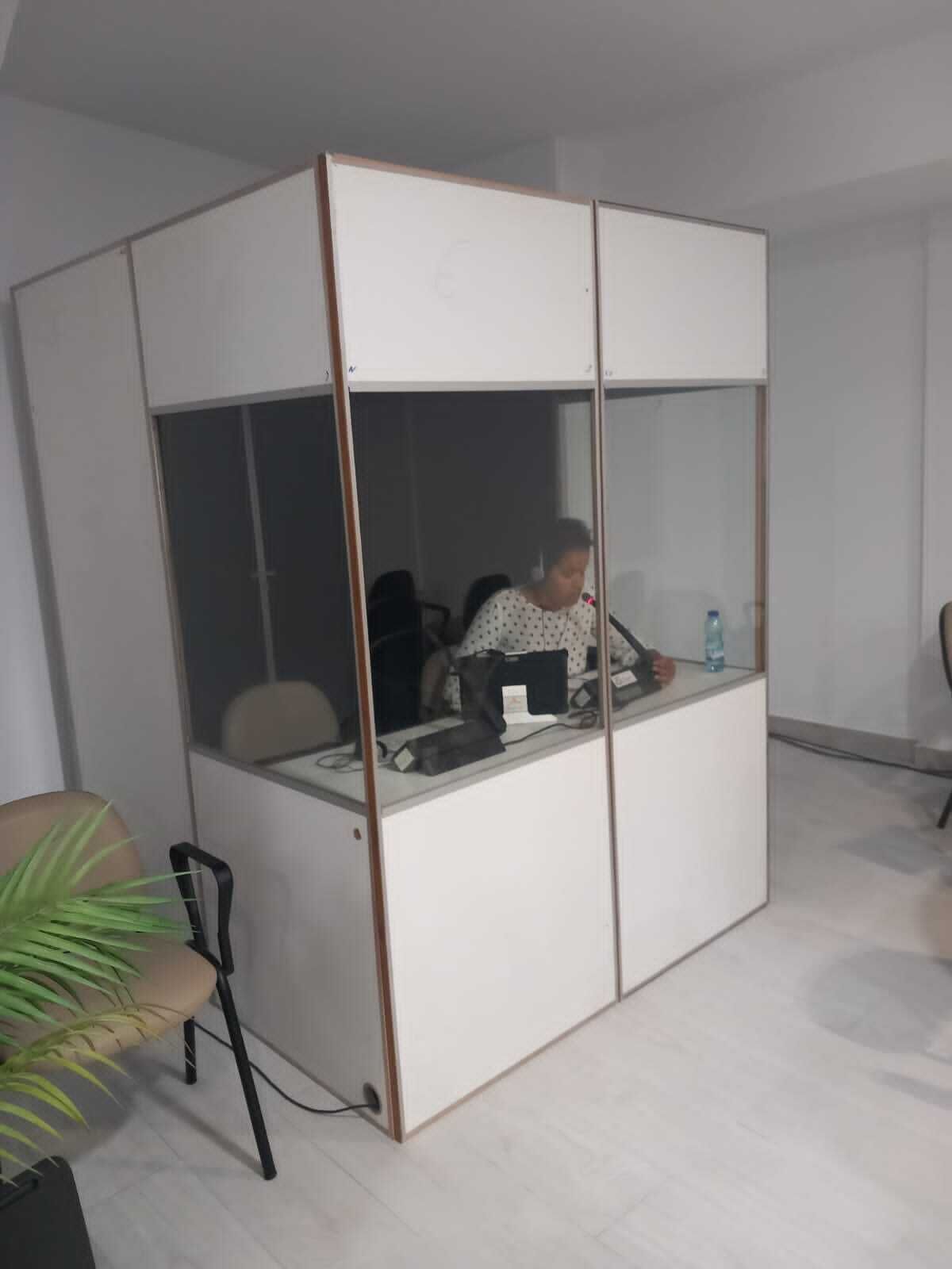 A room with a partitioned desk area, a chair, and a potted plant.