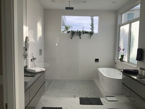 Regadera, secadora de cabello, bidet, toallas