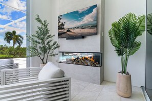 A modern living room with a flat-screen TV, a fireplace, a large potted plant, and a white sofa.