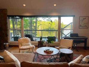 Smart TV, fireplace, books
