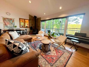 Smart TV, fireplace, books