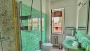 Een badkamer met douche, toilet en wastafel.